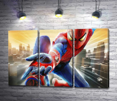 Модульная картина "Человек-паук (Spider-Man) в полете выпускает свое оружие"