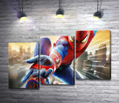 Модульна картина "Людина-павук (Spider-Man) в польоті випускає свою зброю"