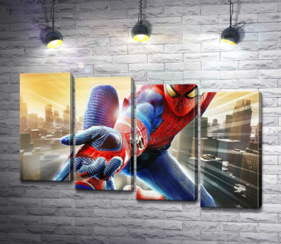 Модульная картина "Человек-паук (Spider-Man) в полете выпускает свое оружие"
