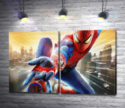 Модульна картина "Людина-павук (Spider-Man) в польоті випускає свою зброю"