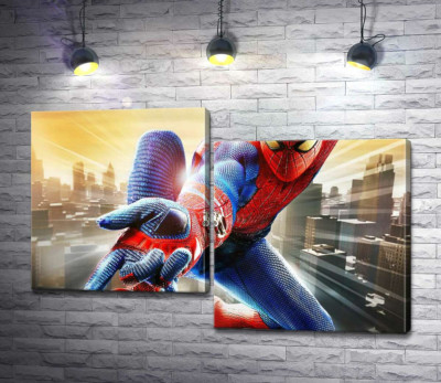 Модульная картина "Человек-паук (Spider-Man) в полете выпускает свое оружие"