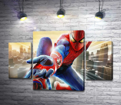 Модульная картина "Человек-паук (Spider-Man) в полете выпускает свое оружие"