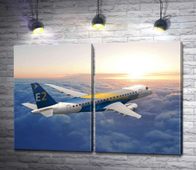 Модульная картина "Полет бразильского самолета Embraer E-Jet E2 над бескрайним облачным пространством"