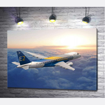 Полет бразильского самолета Embraer E-Jet E2 над бескрайним облачным пространством