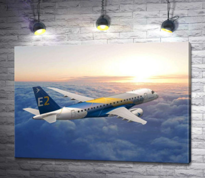 Полет бразильского самолета Embraer E-Jet E2 над бескрайним облачным пространством