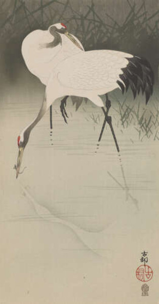 Пара журавлей в камышах (Pair of cranes in reeds) – Охара Косон (Ohara Koson)