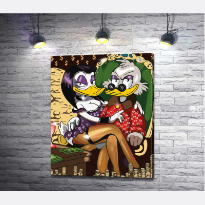 Магіка де Гіпноз (Magica De Spell) спокусливо сидить на руках у Скруджа МакДака (Scrooge McDuck)