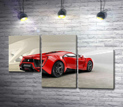 Модульная картина "Красный бампер автомобиля Lykan Hypersport на белом фоне"