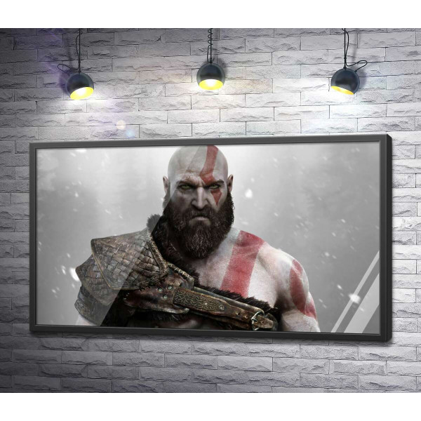 Угрожающая сила спартанца Кратоса (Kratos) – героя видеоигры "Бог войны" (God of War)