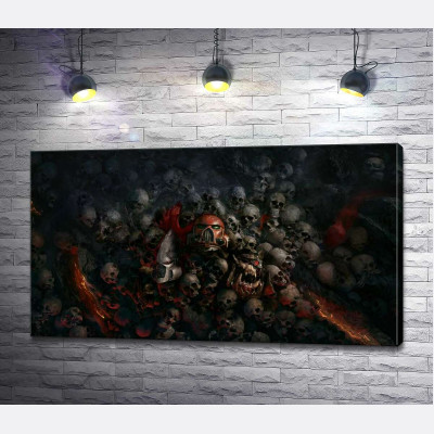 Черепи переможених роботів та людей на постері до відеогри "Warhammer 40,000: Світанок Війни" (Warhammer 40,000: Dawn of War)
