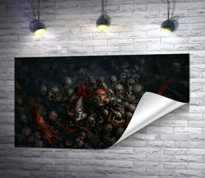 Черепи переможених роботів та людей на постері до відеогри "Warhammer 40,000: Світанок Війни" (Warhammer 40,000: Dawn of War)