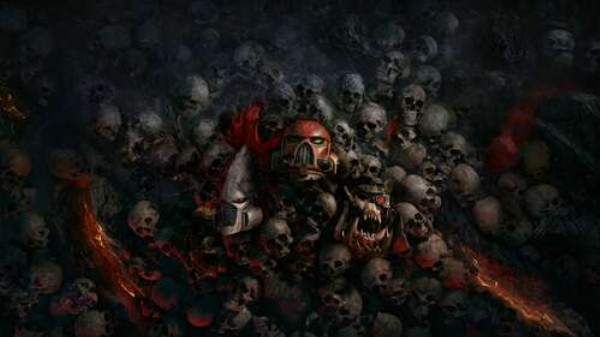 Черепи переможених роботів та людей на постері до відеогри "Warhammer 40,000: Світанок Війни" (Warhammer 40,000: Dawn of War)