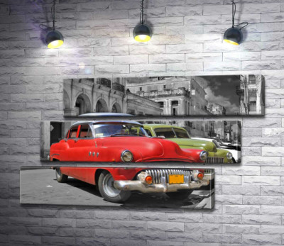 Модульная картина "Красная модель автомобиля Chevrolet 1952 года на старинной улице Кубы"