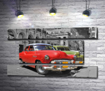 Модульная картина "Красная модель автомобиля Chevrolet 1952 года на старинной улице Кубы"