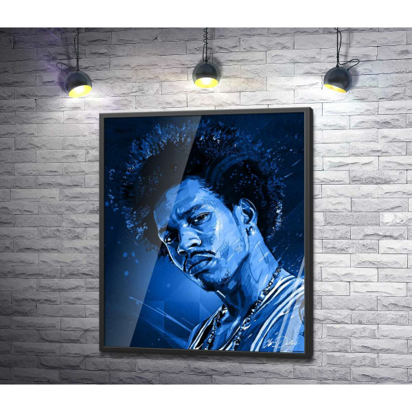 Синие оттенки портрета американского гитариста Джими Хендрикса (Jimi Hendrix)