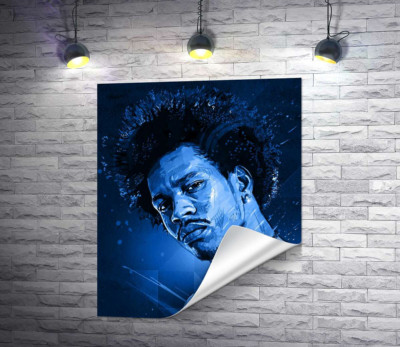 Синие оттенки портрета американского гитариста Джими Хендрикса (Jimi Hendrix)