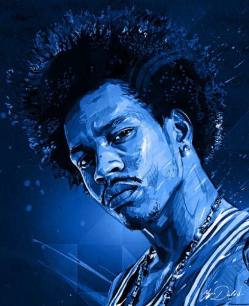 Синие оттенки портрета американского гитариста Джими Хендрикса (Jimi Hendrix)