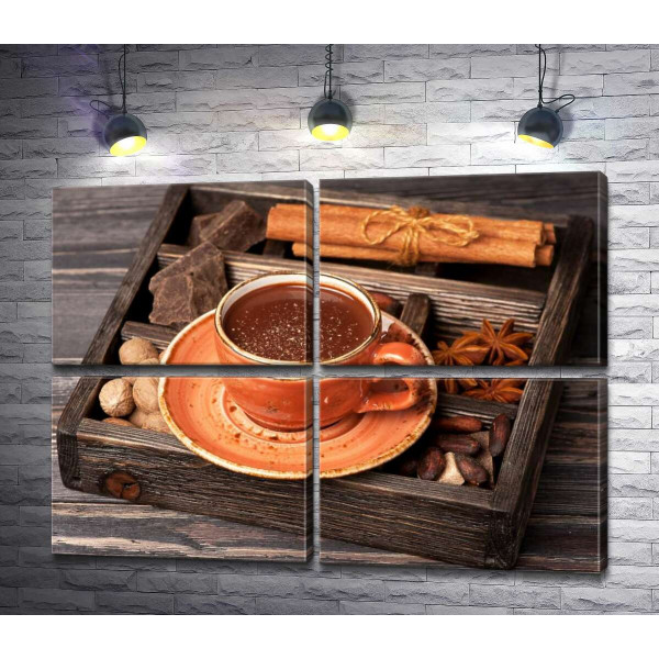 Доповнення до гарячого шоколаду в дерев'яному ящику: кориця, бодян, шоколад та мускатний горіх