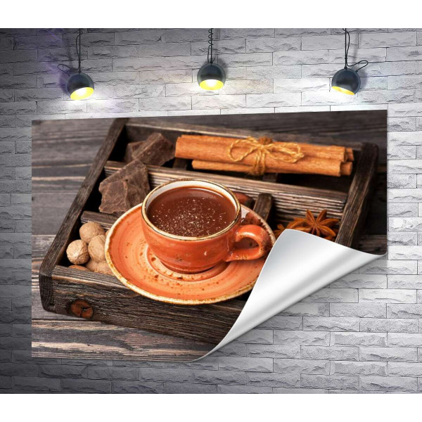 Дополнение к горячему шоколаду в деревянном ящике: корица, бадьян, шоколад и мускатный орех