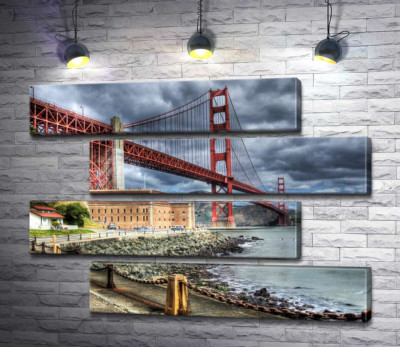 Багряний міст "Золоті ворота" (Golden Gate Bridge) впирається в грозові хмари