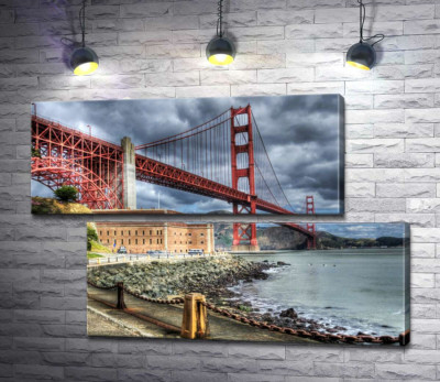 Модульная картина "Багровый мост "Золотые ворота" (Golden Gate Bridge) упирается в грозовые тучи"