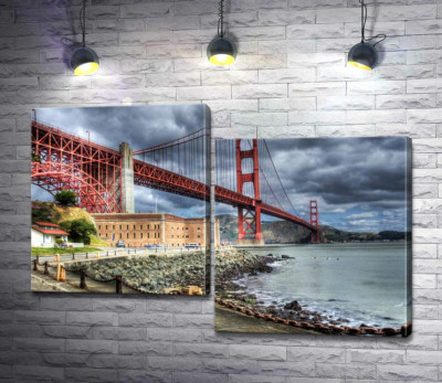 Багряний міст "Золоті ворота" (Golden Gate Bridge) впирається в грозові хмари