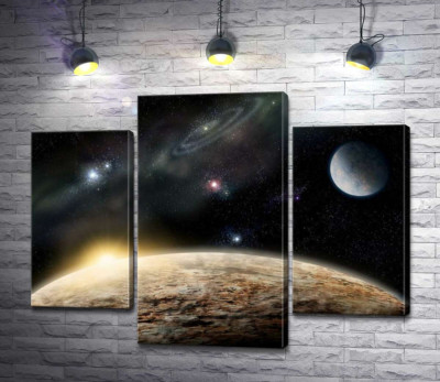 Рассвет над каменистой поверхностью планеты