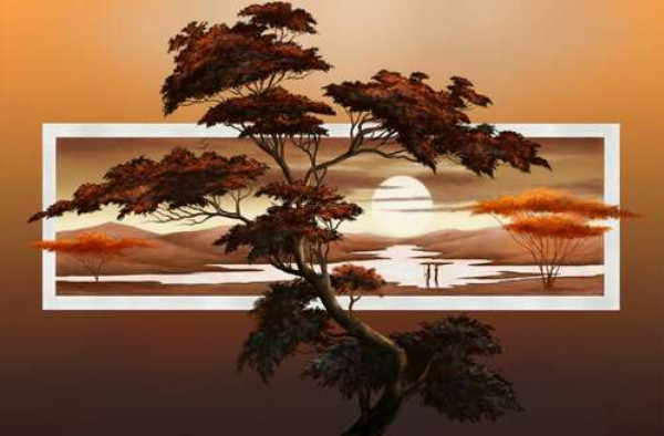 Дерево бонсай на фоне японского пейзажа