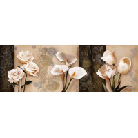 Кремовые розы, каллы и тюльпаны на фоне пастельных орнаментов