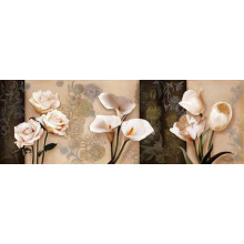 Кремові троянди, калли та тюльпани на фоні пастельних орнаментів