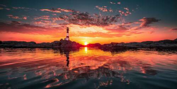 Силуэт маяка на скалистом берегу в оранжевом свете солнца