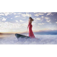 Девушка в соблазнительном платье плывет туманным озером на лодке