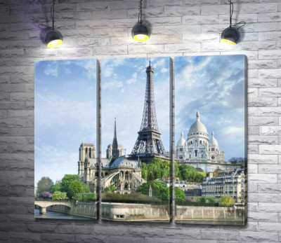 Модульна картина "Архітектурні твори Парижа: Ейфелева вежа (Eiffel tower), Нотр-Дам-де-Парі (Notre Dame de Paris), базиліка Сакре-Кер (Basilique du Sacre Cœur)"