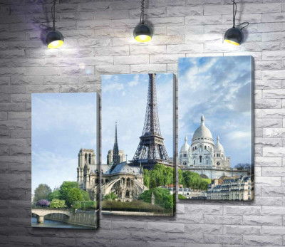 Модульна картина "Архітектурні твори Парижа: Ейфелева вежа (Eiffel tower), Нотр-Дам-де-Парі (Notre Dame de Paris), базиліка Сакре-Кер (Basilique du Sacre Cœur)"