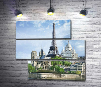 Модульная картина "Архитектурные произведения Парижа: Эйфелева башня (Eiffel tower), Нотр-Дам-де-Пари (Notre Dame de Paris), базилика Сакре-Кер (Basilique du Sacre Cœur)"