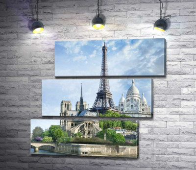 Модульна картина "Архітектурні твори Парижа: Ейфелева вежа (Eiffel tower), Нотр-Дам-де-Парі (Notre Dame de Paris), базиліка Сакре-Кер (Basilique du Sacre Cœur)"