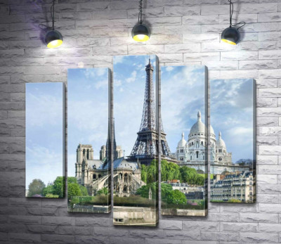 Модульна картина "Архітектурні твори Парижа: Ейфелева вежа (Eiffel tower), Нотр-Дам-де-Парі (Notre Dame de Paris), базиліка Сакре-Кер (Basilique du Sacre Cœur)"