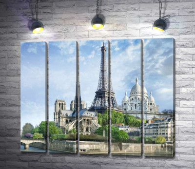 Модульная картина "Архитектурные произведения Парижа: Эйфелева башня (Eiffel tower), Нотр-Дам-де-Пари (Notre Dame de Paris), базилика Сакре-Кер (Basilique du Sacre Cœur)"