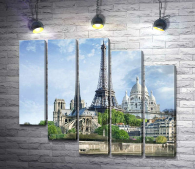 Модульная картина "Архитектурные произведения Парижа: Эйфелева башня (Eiffel tower), Нотр-Дам-де-Пари (Notre Dame de Paris), базилика Сакре-Кер (Basilique du Sacre Cœur)"