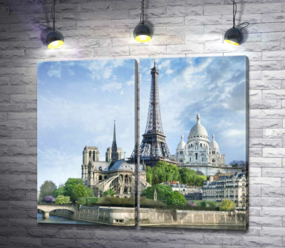 Модульна картина "Архітектурні твори Парижа: Ейфелева вежа (Eiffel tower), Нотр-Дам-де-Парі (Notre Dame de Paris), базиліка Сакре-Кер (Basilique du Sacre Cœur)"