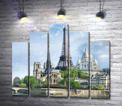 Модульна картина "Архітектурні твори Парижа: Ейфелева вежа (Eiffel tower), Нотр-Дам-де-Парі (Notre Dame de Paris), базиліка Сакре-Кер (Basilique du Sacre Cœur)"