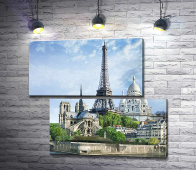 Модульна картина "Архітектурні твори Парижа: Ейфелева вежа (Eiffel tower), Нотр-Дам-де-Парі (Notre Dame de Paris), базиліка Сакре-Кер (Basilique du Sacre Cœur)"