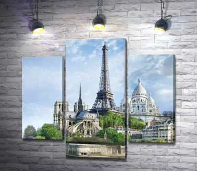 Модульная картина "Архитектурные произведения Парижа: Эйфелева башня (Eiffel tower), Нотр-Дам-де-Пари (Notre Dame de Paris), базилика Сакре-Кер (Basilique du Sacre Cœur)"