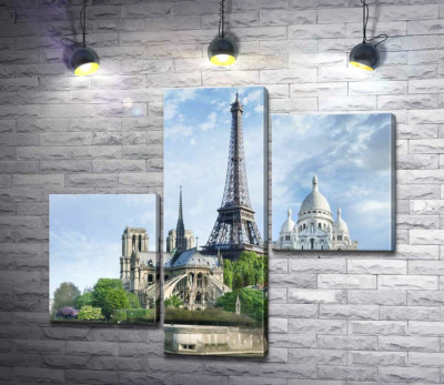 Модульна картина "Архітектурні твори Парижа: Ейфелева вежа (Eiffel tower), Нотр-Дам-де-Парі (Notre Dame de Paris), базиліка Сакре-Кер (Basilique du Sacre Cœur)"