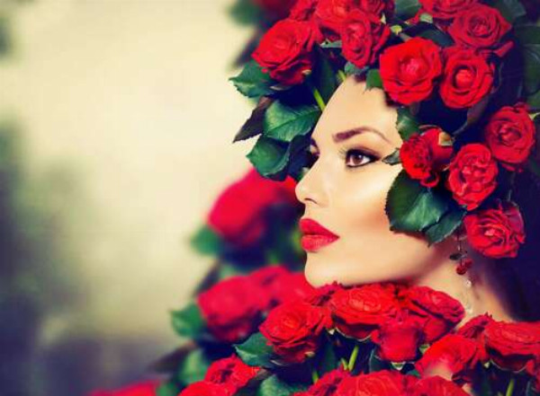 Профіль дівчини в оздобленні палаюче-червоних троянд