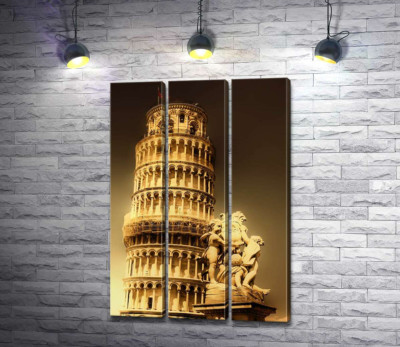 Модульная картина "Пизанская башня (Pisa tower) виднеется из-за фонтана Путти (Fontana dei Putti)"
