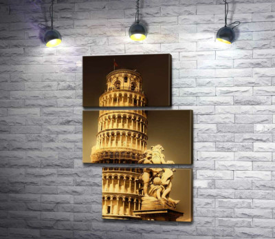 Модульная картина "Пизанская башня (Pisa tower) виднеется из-за фонтана Путти (Fontana dei Putti)"