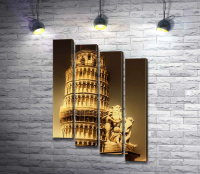 Пизанская башня (Pisa tower) виднеется из-за фонтана Путти (Fontana dei Putti)