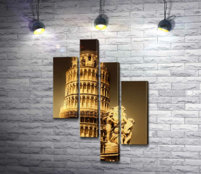 Пизанская башня (Pisa tower) виднеется из-за фонтана Путти (Fontana dei Putti)