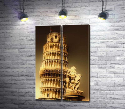 Модульная картина "Пизанская башня (Pisa tower) виднеется из-за фонтана Путти (Fontana dei Putti)"